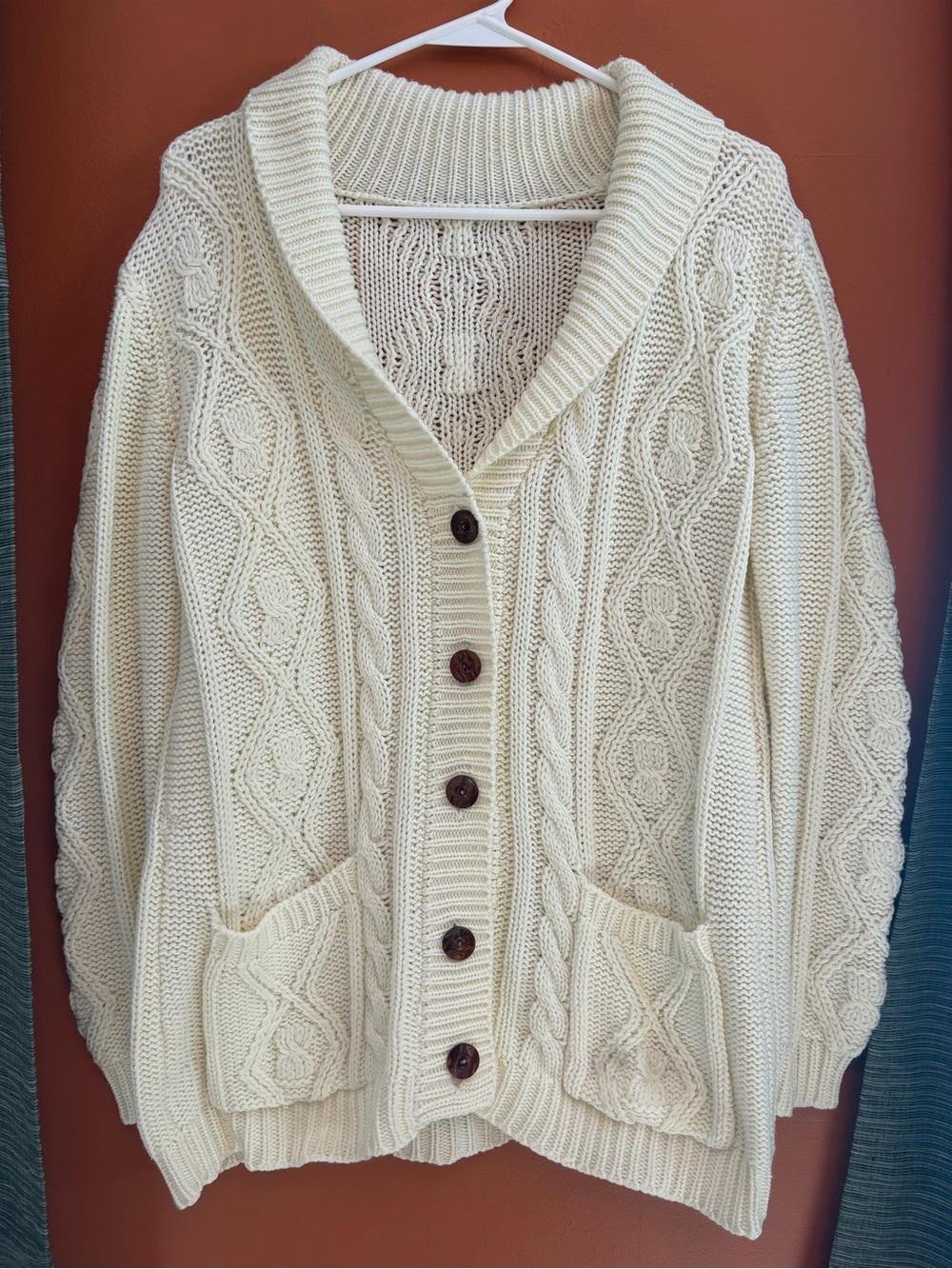 Cream Cable Knit Shawl Collar Cardigan Sweater